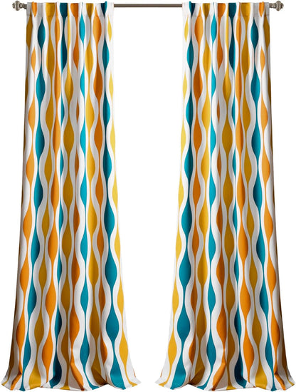 Mid Century Geo Light Filtering Window Curtain Panel Pair, 52" W X 84" L, Turquoise & Orange