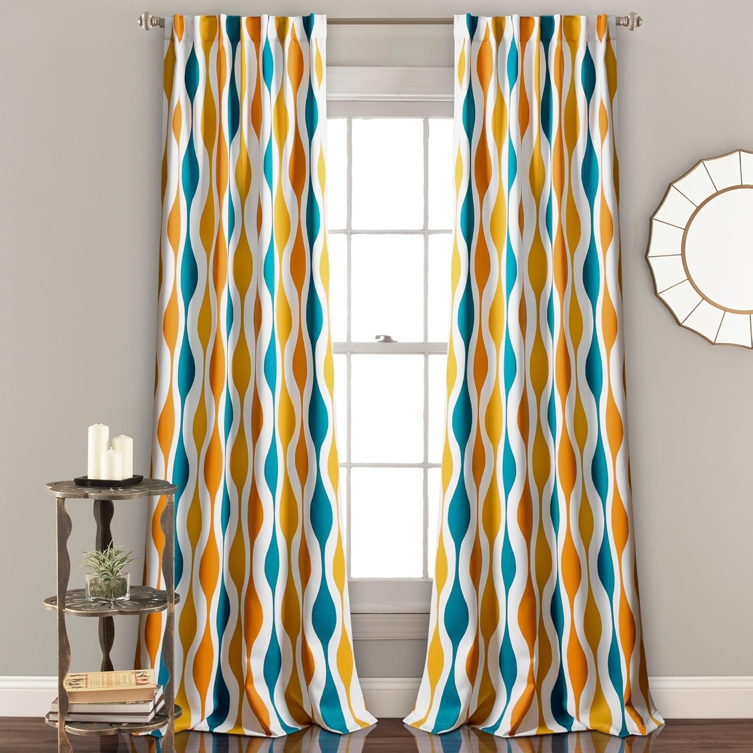Mid Century Geo Light Filtering Window Curtain Panel Pair, 52" W X 84" L, Turquoise & Orange